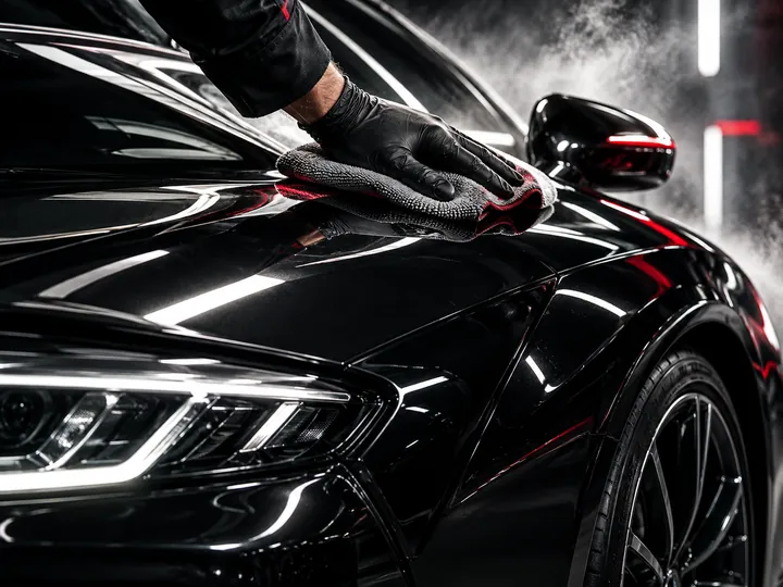 Lavage à sec d’une carrosserie noire avec microfibre